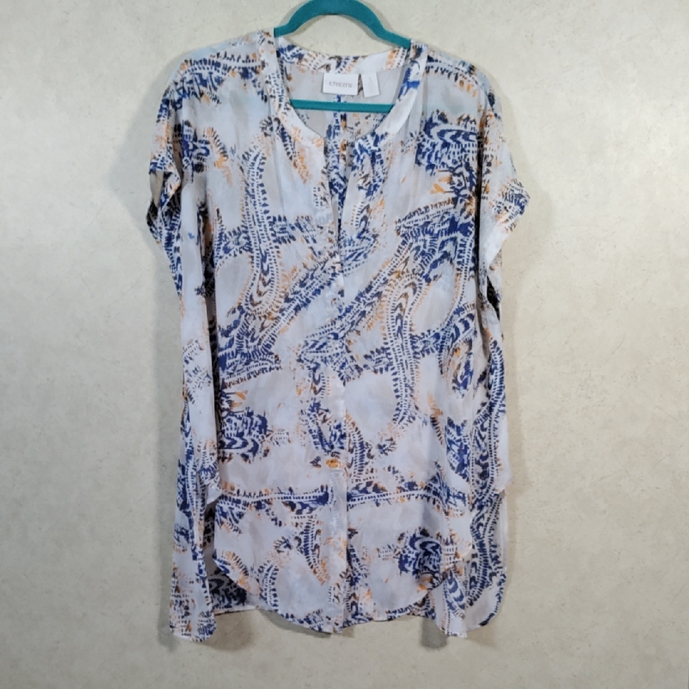 4185 Chico's blue and orange crepe v-neck tunic blouse 3 XL